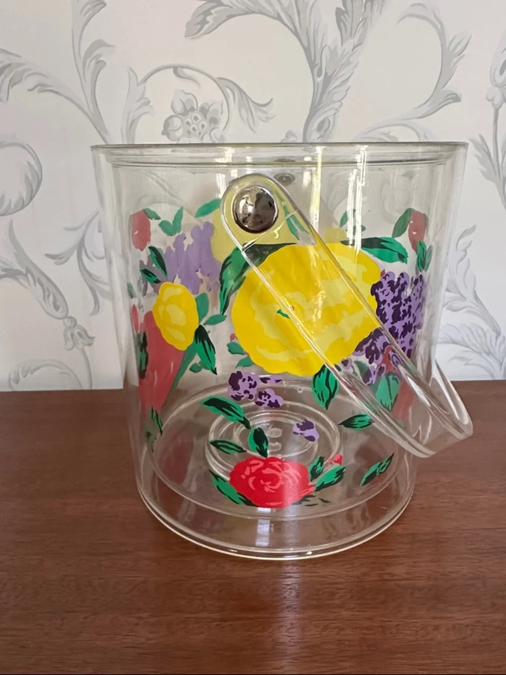🧊 Clear Floral Acrylic Ice Bucket with Handle lid and tongs retro